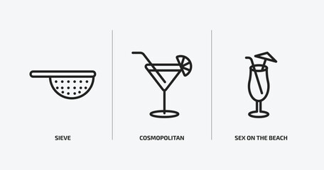 drinks outline icons set. drinks icons such as sieve, cosmopolitan, sex on the beach vector. can be used web and mobile.