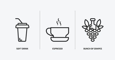 drinks outline icons set. drinks icons such as soft drink, espresso, bunch of grapes vector. can be used web and mobile.