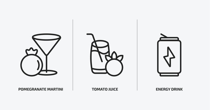 drinks outline icons set. drinks icons such as pomegranate martini, tomato juice, energy drink vector. can be used web and mobile.