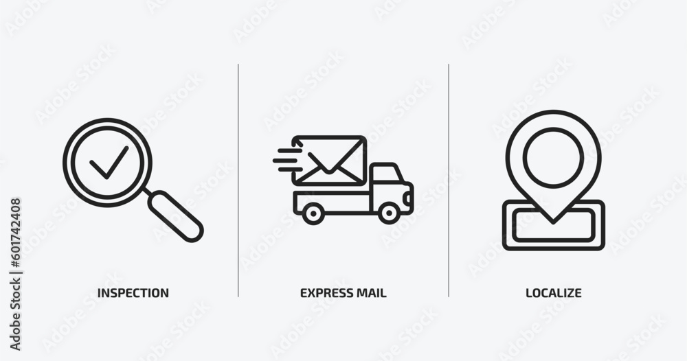 Poster delivery and logistic outline icons set. delivery and logistic icons such as inspection, express mai