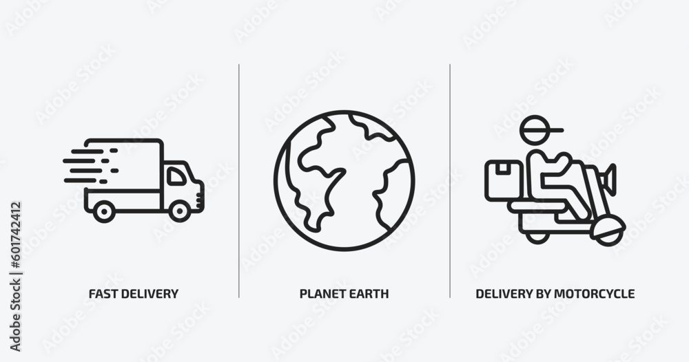 Poster delivery and logistic outline icons set. delivery and logistic icons such as fast delivery, planet e