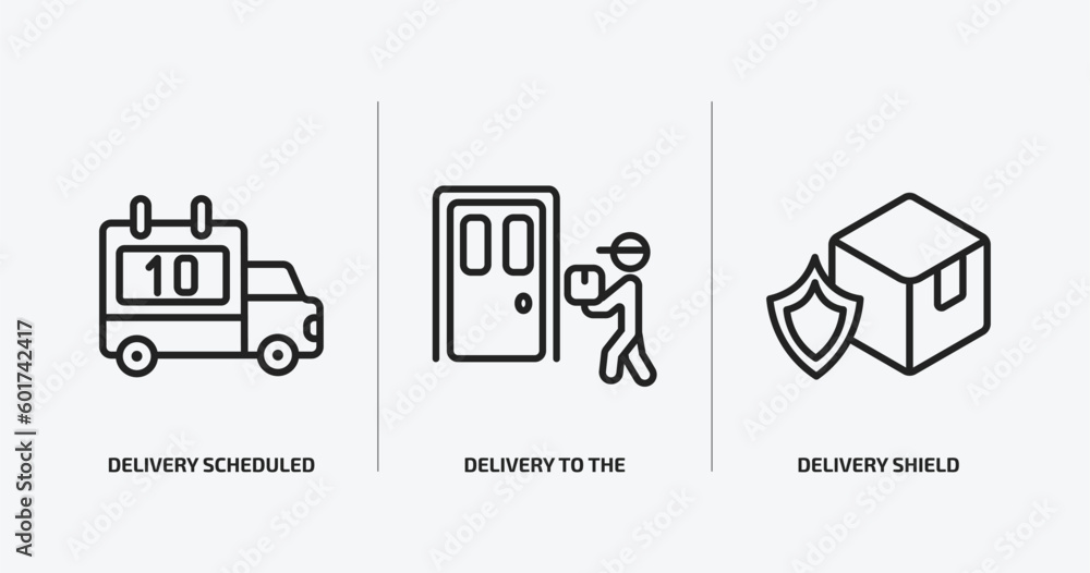 Poster delivery and logistic outline icons set. delivery and logistic icons such as delivery scheduled, to 