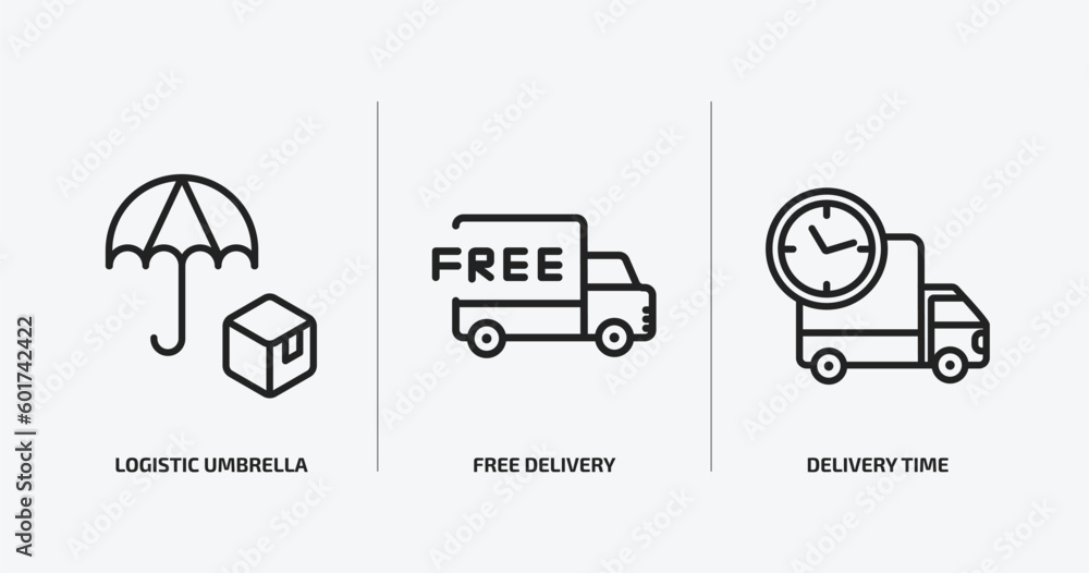 Poster delivery and logistic outline icons set. delivery and logistic icons such as logistic umbrella, free
