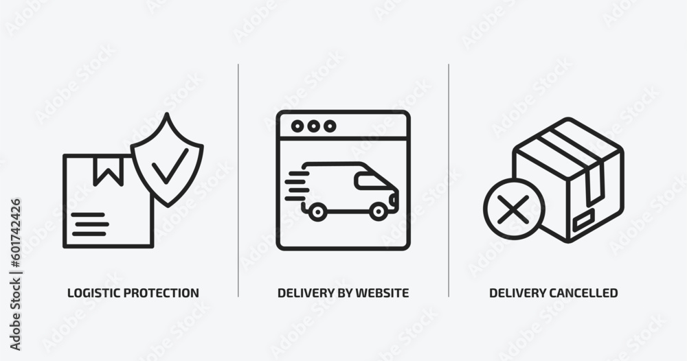 Poster delivery and logistic outline icons set. delivery and logistic icons such as logistic protection, de