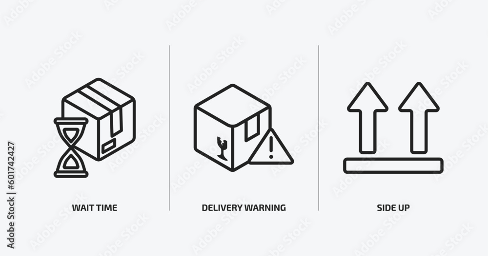 Poster delivery and logistic outline icons set. delivery and logistic icons such as wait time, delivery war