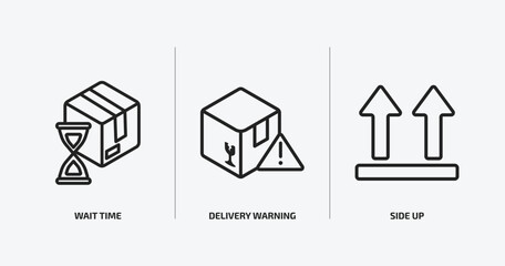 delivery and logistic outline icons set. delivery and logistic icons such as wait time, delivery warning, side up vector. can be used web and mobile.