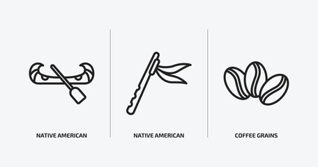culture outline icons set. culture icons such as native american canoe, native american flute, coffee grains vector. can be used web and mobile.