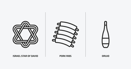 culture outline icons set. culture icons such as israel star of david, pork ribs, orujo vector. can be used web and mobile.