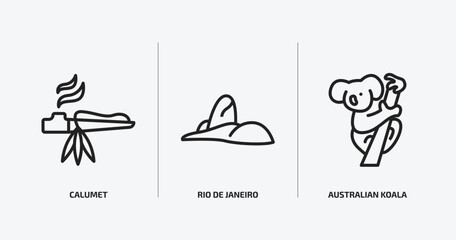 culture outline icons set. culture icons such as calumet, rio de janeiro, australian koala vector. can be used web and mobile.