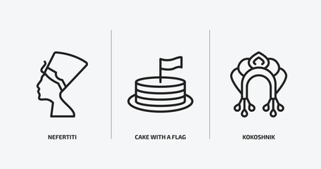 culture outline icons set. culture icons such as nefertiti, cake with a flag, kokoshnik vector. can be used web and mobile.