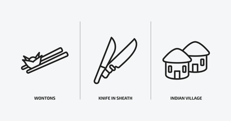 culture outline icons set. culture icons such as wontons, knife in sheath, indian village vector. can be used web and mobile.