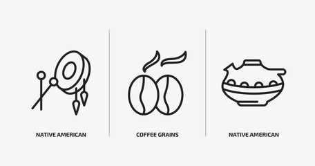 culture outline icons set. culture icons such as native american drum, coffee grains, native american pot vector. can be used web and mobile.