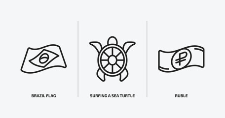 culture outline icons set. culture icons such as brazil flag, surfing a sea turtle, ruble vector. can be used web and mobile.