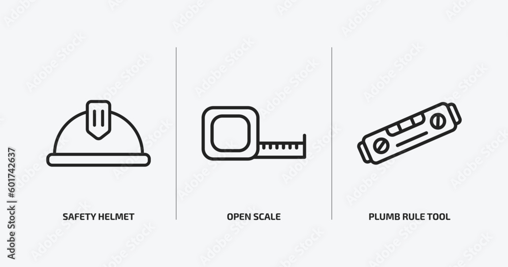 Poster construction tools outline icons set. construction tools icons such as safety helmet, open scale, pl