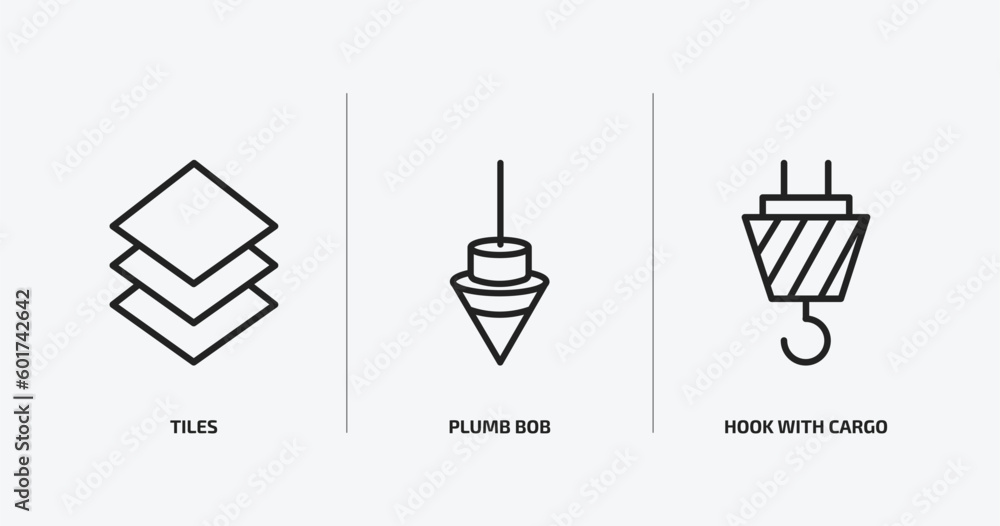 Poster construction tools outline icons set. construction tools icons such as tiles, plumb bob, hook with c