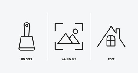 construction tools outline icons set. construction tools icons such as bolster, wallpaper, roof vector. can be used web and mobile.