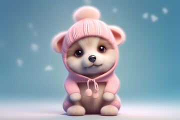 Fototapeta premium A cute, little, baby puppy in warm winter clothes, symbol of love. Pastel, dog, animal concept. Valentine's Day, love, cute fairy tale creature. Illustration, Generative AI