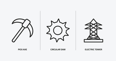 construction tools outline icons set. construction tools icons such as pick axe, circular saw, electric tower vector. can be used web and mobile.