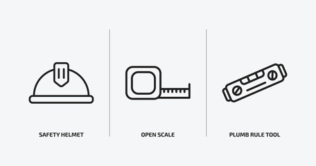 construction tools outline icons set. construction tools icons such as safety helmet, open scale, plumb rule tool vector. can be used web and mobile.