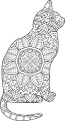 Cat mandala coloring page for children and adults. Hand drawing vector illustration in black outline on a white background.