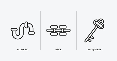 construction tools outline icons set. construction tools icons such as plumbing, brick, antique key vector. can be used web and mobile.