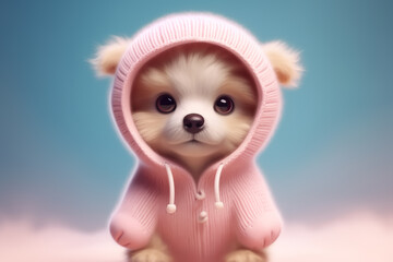 Fototapeta na wymiar A cute, little, baby puppy in warm winter clothes, symbol of love. Pastel, dog, animal concept. Valentine's Day, love, cute fairy tale creature. Illustration, Generative AI