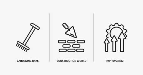 construction and tools outline icons set. construction and tools icons such as gardening rake, construction works, improvement vector. can be used web and mobile.