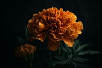 Marigold blossom against dark backdrop. Generative AI