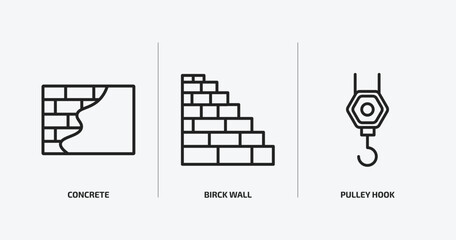 construction outline icons set. construction icons such as concrete, birck wall, pulley hook vector. can be used web and mobile.