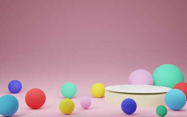 The display stand is surrounded by pastel balls, 3D rendering