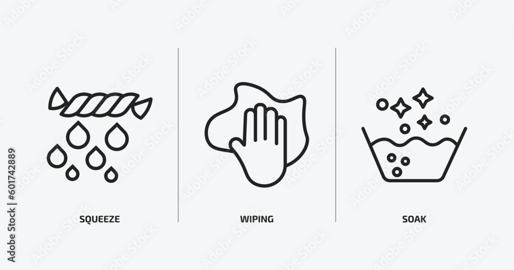 Poster cleaning outline icons set. cleaning icons such as squeeze, wiping, soak vector. can be used web and