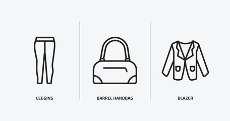 clothes outline icons set. clothes icons such as leggins, barrel handbag, blazer vector. can be used web and mobile.