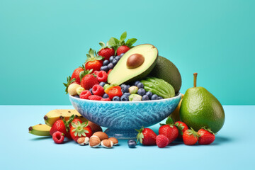Various fruits in a blue bowl against turquoise background - Generative AI