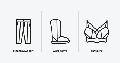 clothes outline icons set. clothes icons such as oxford wave suit pants, wool boots, brassiere vector. can be used web and mobile.