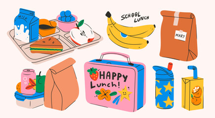 School lunch box, container, tray with meals, paper bag. Various food: sandwich, fruits, milk, juice, soda. Hand drawn Vector illustration. Isolated elements, design templates. Healthy food concept - obrazy, fototapety, plakaty