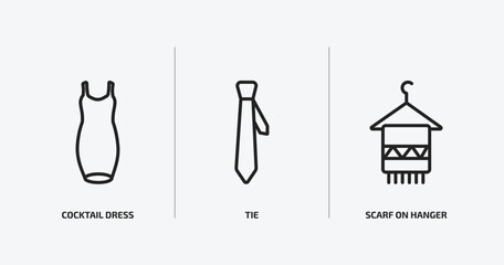 clothes outline icons set. clothes icons such as cocktail dress, tie, scarf on hanger vector. can be used web and mobile.