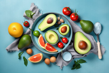 Top view of a bowl with fruits and vegetables on light blue background - Generative AI