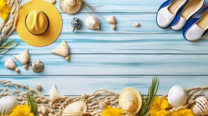 Beach scene with sandals, hat, sea shells and other sea themed items on light blue wooden board - Generative AI