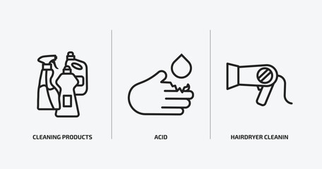 cleaning outline icons set. cleaning icons such as cleaning products, acid, hairdryer cleanin vector. can be used web and mobile.