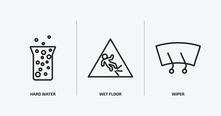 cleaning outline icons set. cleaning icons such as hard water, wet floor, wiper vector. can be used web and mobile.