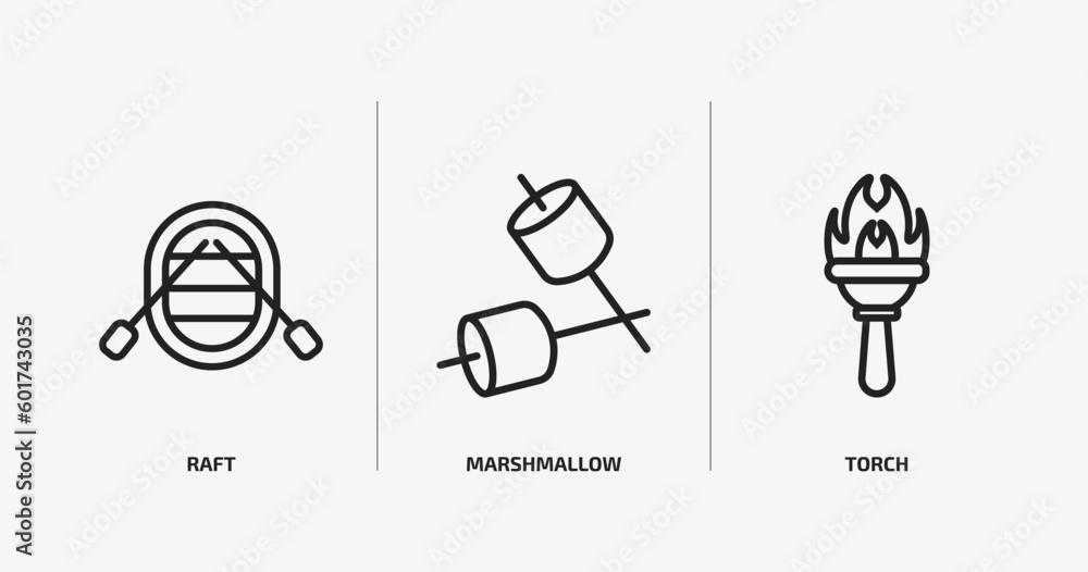 Poster camping outline icons set. camping icons such as raft, marshmallow, torch vector. can be used web an