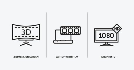 cinema outline icons set. cinema icons such as 3 dimension screen, laptop with film strip, 1080p hd tv vector. can be used web and mobile.