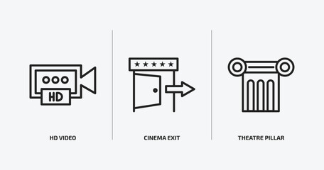 cinema outline icons set. cinema icons such as hd video, cinema exit, theatre pillar vector. can be used web and mobile.