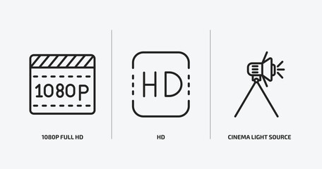 cinema outline icons set. cinema icons such as 1080p full hd, hd, cinema light source vector. can be used web and mobile.