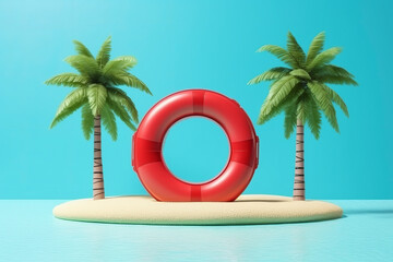 Big red life ring flanked by two palm trees on island - Generative AI