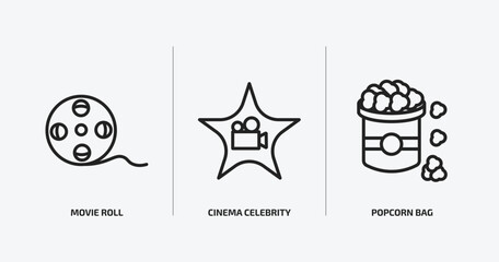 cinema outline icons set. cinema icons such as movie roll, cinema celebrity, popcorn bag vector. can be used web and mobile.