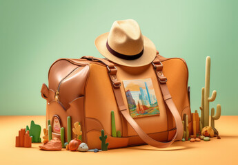 Long tan bag with stickers on it and a summer hat on the top flanked by cacti