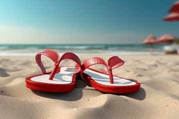 Red flip flops on the beach - Generative AI