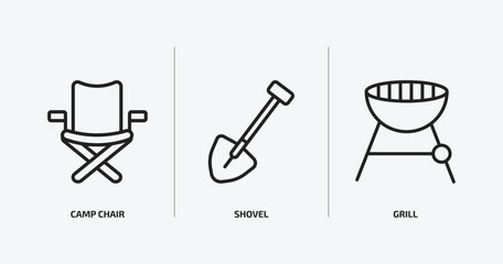 camping outline icons set. camping icons such as camp chair, shovel, grill vector. can be used web and mobile.