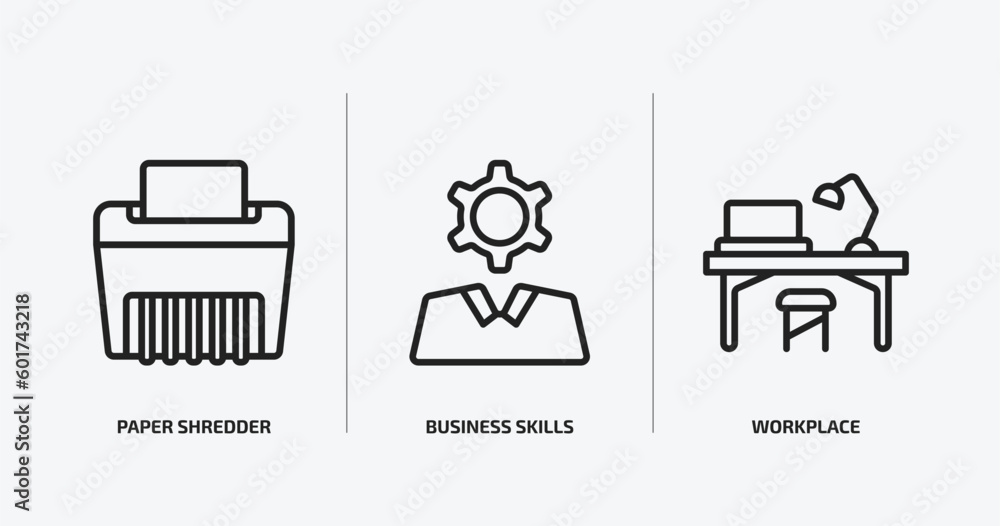 Aufkleber business and analytics outline icons set. business and analytics icons such as paper shredder, busin